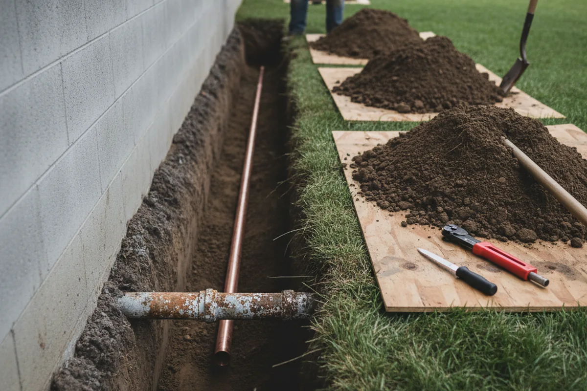 Excavated water line trench during Water Heater Repair in Harrisonville